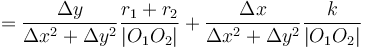  = \frac{\Delta y}{\Delta x^2 + \Delta y^2} \frac{r_1+r_2}{|O_1O_2|} + \frac{\Delta x}{\Delta x^2 + \Delta y^2} \frac{k}{|O_1O_2|}