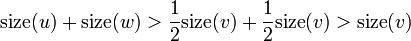 \operatorname{size}(u) + \operatorname{size}(w) > \frac{1}{2}\operatorname{size}(v)+\frac{1}{2}\operatorname{size}(v) > \operatorname{size}(v)