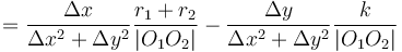  = \frac{\Delta x}{\Delta x^2 + \Delta y^2} \frac{r_1+r_2}{|O_1O_2|} - \frac{\Delta y}{\Delta x^2 + \Delta y^2} \frac{k}{|O_1O_2|}