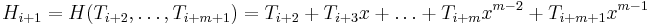 H_{i+1} = H(T_{i+2}, \ldots, T_{i+m+1}) = T_{i+2} + T_{i+3}x + \ldots + T_{i+m} x^{m-2} + T_{i+m+1}x^{m-1}