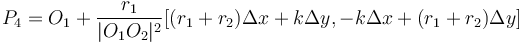 P_4 = O_1 + \frac{r_1}{|O_1O_2|^2} [(r_1+r_2)\Delta x + k\Delta y, -k\Delta x + (r_1+r_2)\Delta y]