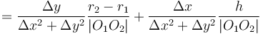  = \frac{\Delta y}{\Delta x^2 + \Delta y^2} \frac{r_2-r_1}{|O_1O_2|} + \frac{\Delta x}{\Delta x^2 + \Delta y^2} \frac{h}{|O_1O_2|}